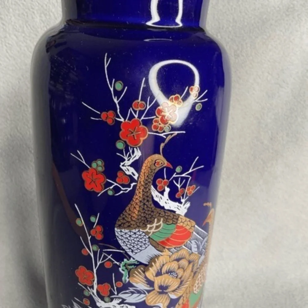 VTG Interpur Cobalt Blue Peacock Oriental Vase 22K Gold Trim Japan‎ 10.5